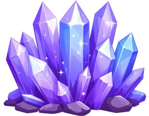 fantasy crystal cluster glowing purple, cartoon style, transparent background 
