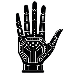 Cybernetic Hand Illustration with Circuit Board Design in Black and White