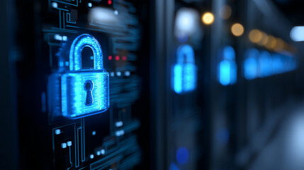 Cyber security concept with a glowing digital padlock icon in a server room, symbolizing data protection and network safety.

