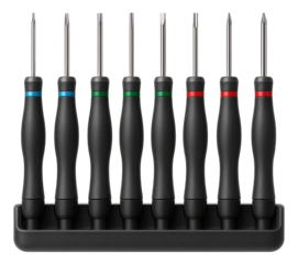 Precision screwdriver set with anti-static handles for safe use in computer hardware maintenance.