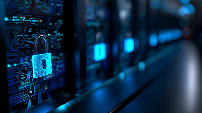 Cyber security concept with a glowing digital padlock icon in a server room, symbolizing data protection and network safety.
 - Powered by Adobe