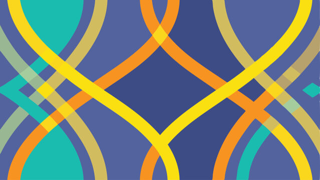 Abstract background featuring intersecting curved lines in yellow orange and teal against a blue backdrop design
