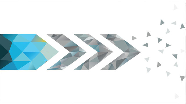 Abstract geometric pattern featuring arrows transitioning from blue to dispersed triangles on white background