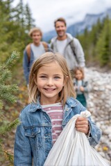 Young girl smiling while holding a trash bag, with family members in the background, participating in World Cleanup Day, promoting environmental awareness and community involvement