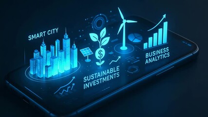 A futuristic smartphone displaying holographic data visualizations related to smart cities, sustainable investments, and business analytics. Ideal for tech and innovation themes.