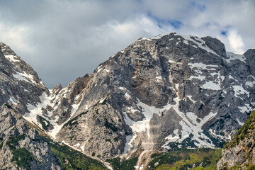 Snow-covered mountain peaks in the Slovenian Alps

