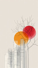 Minimalist cityscape silhouette featuring bare tree amid overlapping orange and red geometric circles, expressing urban artistic abstraction
