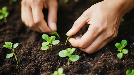 Farmer's hands carefully planting green seedlings in fertile soil, representing organic gardening, environmental care, and sustainable agricultural growth