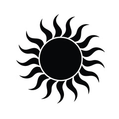 Black sun silhouette with swirling rays on white background