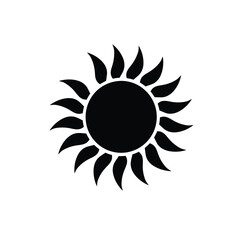 Black sun icon with swirling rays on white symbol