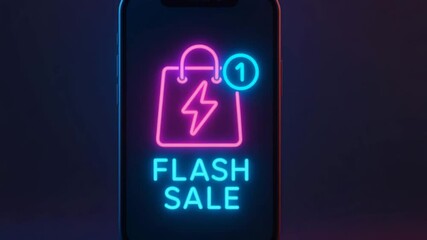 A smartphone displaying a vibrant neon sign promoting a flash sale