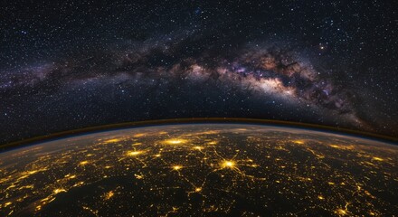 Obraz premium Earth s city lights glow beneath a brilliant milky way galaxy
