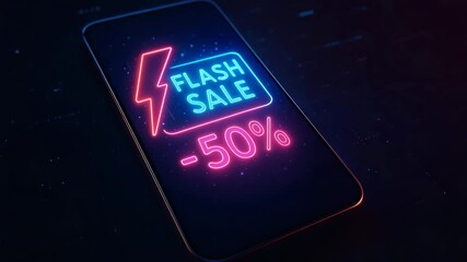 A smartphone displays a colorful neon sign reading 'FLASH SALE -50%'. Perfect for illustrating online marketing, discounts, and seasonal sales in the digital age.