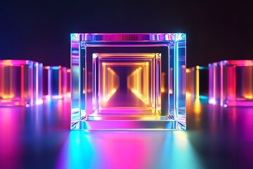Obraz premium Abstract geometric tunnel of glowing glass cubes with vibrant neon pink purple and blue light reflections on a dark background