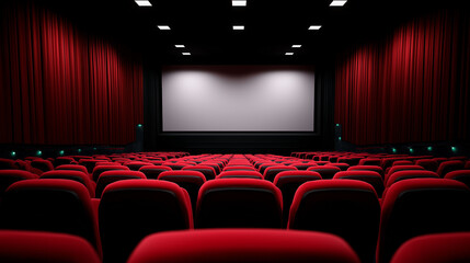 Fototapeta premium Empty cinema auditorium with red chairs facing a blank movie screen. 