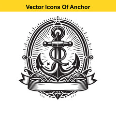 Classic Nautical Anchor with Rope and Banner – Black and White Line Art

