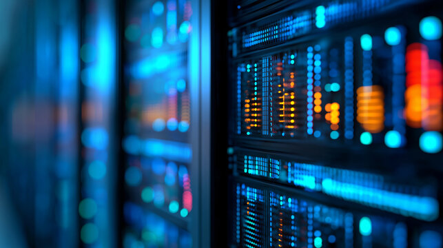 Blurred view of a modern data center corridor with glowing blue server racks.

