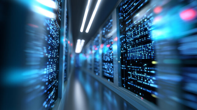 Blurred view of a modern data center corridor with glowing blue server racks.
