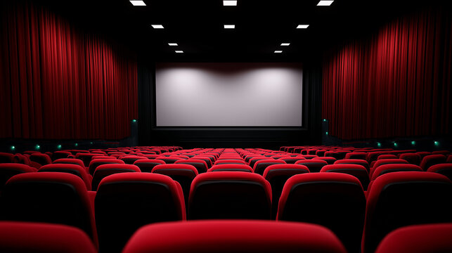 Empty cinema auditorium with red chairs facing a blank movie screen.