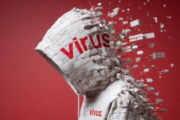 Person in white hoodie disintegrating into blocks with virus text and red arrows on red background symbolizing danger and destruction