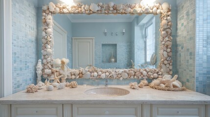 Bathroom vanity with a mirror ornately decorated with seashells