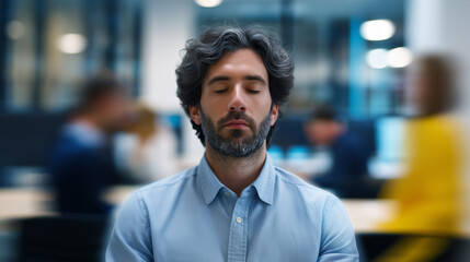 Fototapeta premium Man meditating with closed eyes in a busy office environment, symbolizing mindfulness and stress relief in the workplace. 