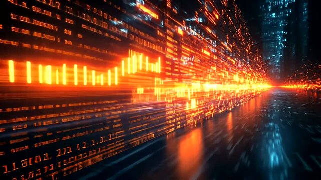 Abstract digital matrix animation with data stream and binary code background