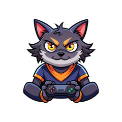 Angry Gamer Cat Holding Controller Vector Illustration – Cute Feline Playing Video Game with Furious Face Expression on White Background – Funny Gaming Character Art