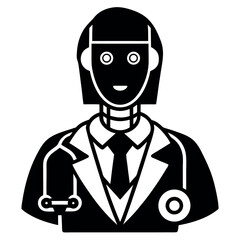 Monochrome Robot Doctor Wearing a Coat and Stethoscope for Medical Technology