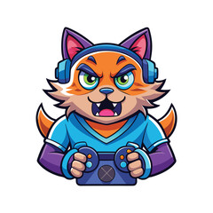 Angry Gamer Cat Holding Controller Vector Illustration – Cute Feline Playing Video Game with Furious Face Expression on White Background – Funny Gaming Character Art