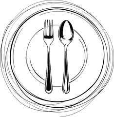 black and white hand-drawn plate with fork and spoon icon — minimalist dining symbol for culinary, hospitality, and lifestyle themes