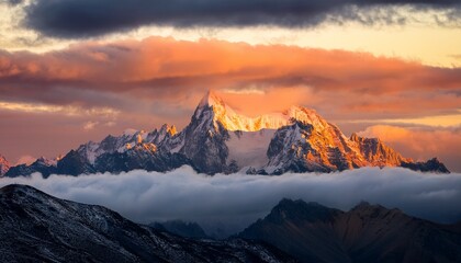 majestic peaks under cloud cover towering mountain peaks pierce the sky their snowy summits kissed by the golden light of dawn under a dramatic sky full of billowing clouds