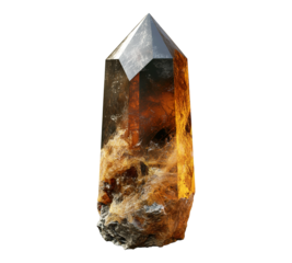 A large, brown crystal with a pointed top