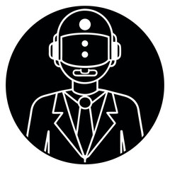 A Stylized Robotic Figure in a Business Suit Against a Black Circle