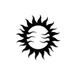 Black sun silhouette with wavy rays and face on white