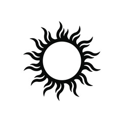 Black sun silhouette with wavy rays icon white background