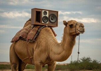 Desert Beats: A Surprising Image of a Camel Carrying a Vintage Wooden Speaker Box on Its Hump, Symbolizing Unexpected Combinations, Nomadic Entertainment, and Fusion of Cultures.