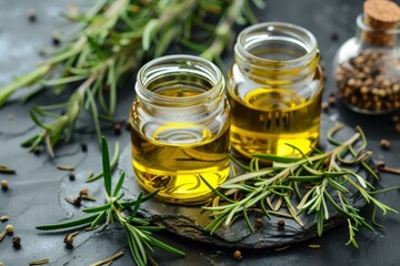 Glass jars of rosemary infused oil sit on a dark slate coaster, surrounded by fresh rosemary sprigs and scattered peppercorns