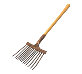 A rusty old rake with a wooden handle