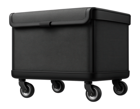 Commercial use: Fabric storage box with wheels for maneuverability in a warehouse setting.