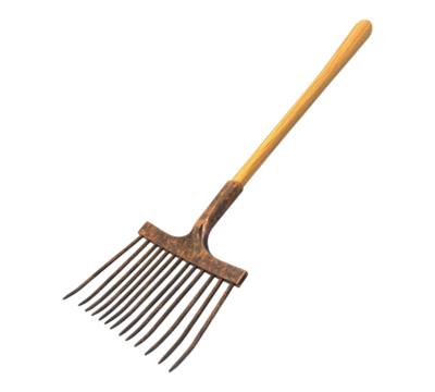 A rusty old rake with a wooden handle