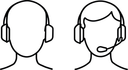 black and white headset icons — hand-drawn silhouette duo with and without microphone for audio, tech, and communication themes