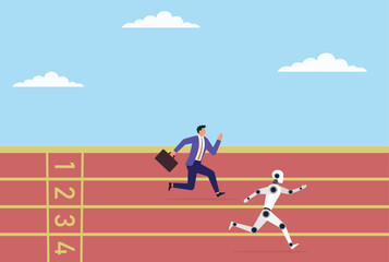 Vector illustration of a robot and businessman competing in a race on a track, symbolizing the rivalry between ai and human intelligence in the race for innovation and success
