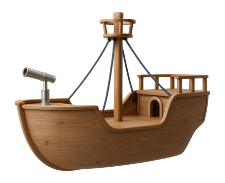 A playhouse designed like a pirate ship with a small deck and telescope, for a seaside cottage.