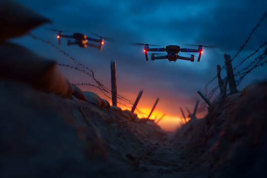 drones fly over a dug trench