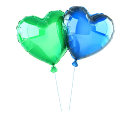 Two hearts made of foil, one green and one blue, are suspended in the air