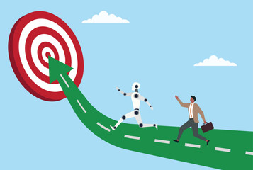 Vector illustration of a businessman and robot competing to reach a target, symbolizing the competition between human ambition and artificial intelligence
