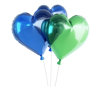 Three heart shaped balloons with a green one in the middle - Powered by Adobe