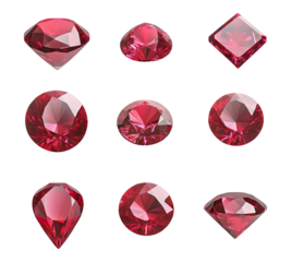 A set of nine red diamonds are shown in various shapes and sizes