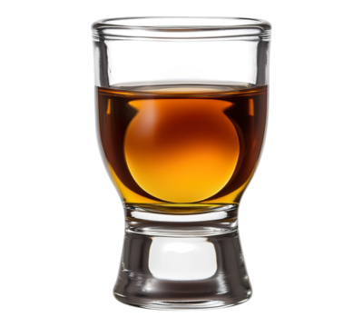 A shot glass of liquor is filled to the brim